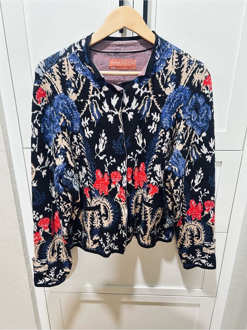 Anthropologie Floral Jacquard Cardigan in Navy, Red & Cream with Blue Accents - Picture 5 of 10